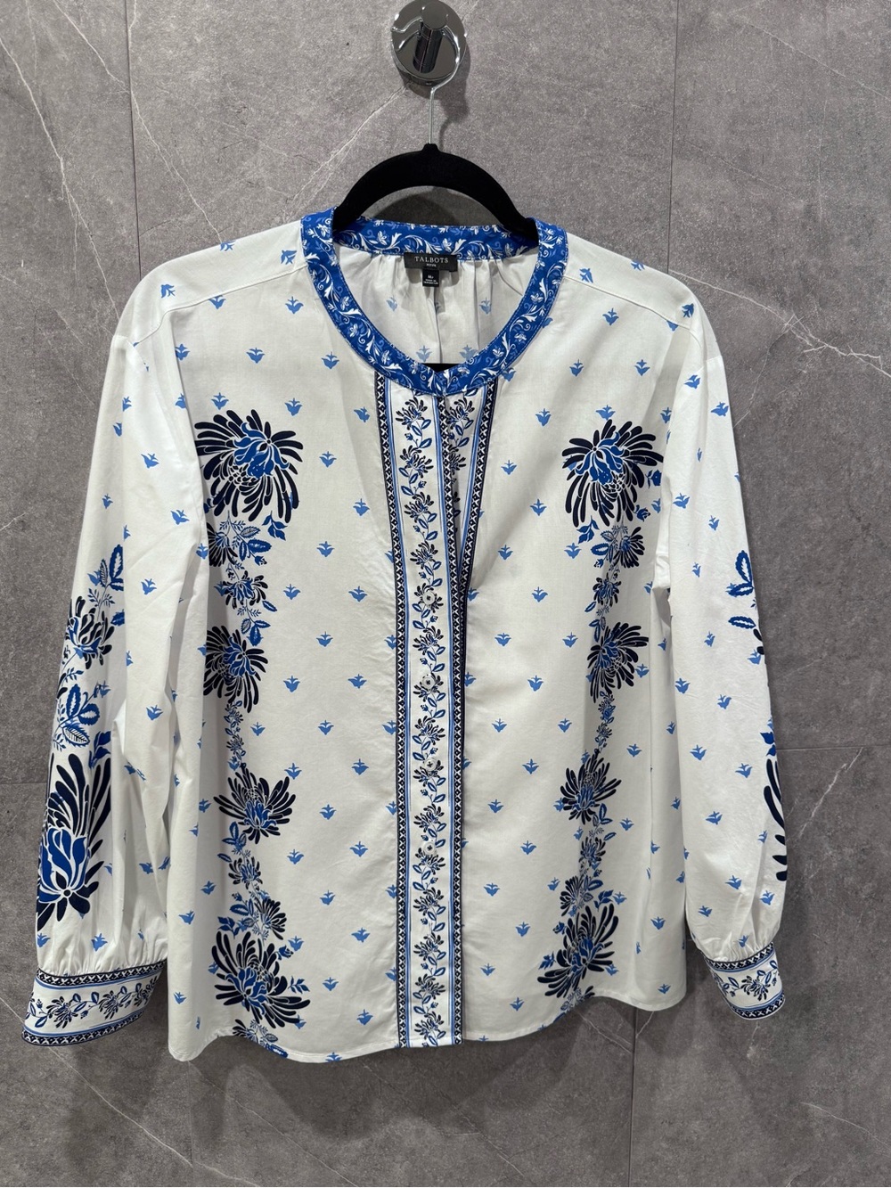 Talbots Blue & White Floral Border Print Blouse Long Sleeve Size M